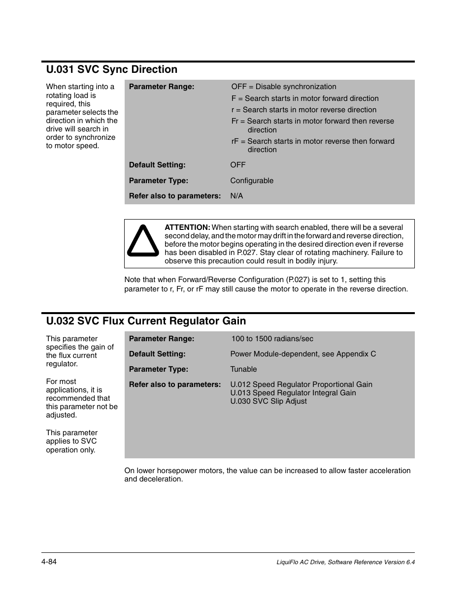 U.031 svc sync direction, U.032 svc flux current regulator gain | Rockwell Automation Liqui-Flo AC GP Vector Drive Version 6.4 User Manual | Page 166 / 226