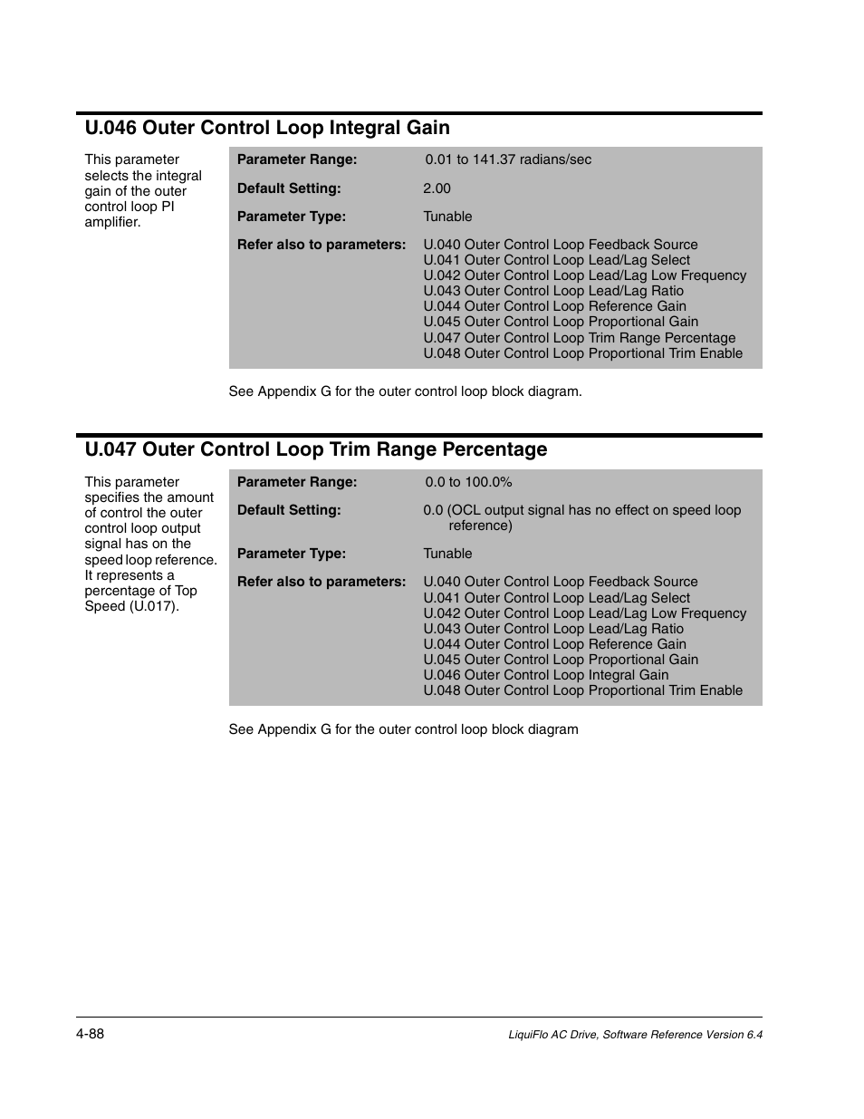 U.046 outer control loop integral gain, U.047 outer control loop trim range percentage | Rockwell Automation Liqui-Flo AC GP Vector Drive Version 6.4 User Manual | Page 170 / 226