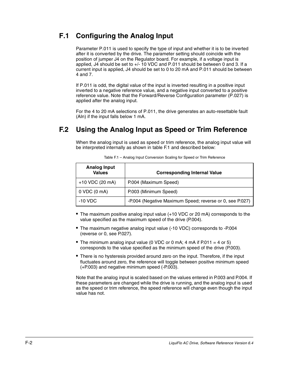 F.1 configuring the analog input | Rockwell Automation Liqui-Flo AC GP Vector Drive Version 6.4 User Manual | Page 204 / 226