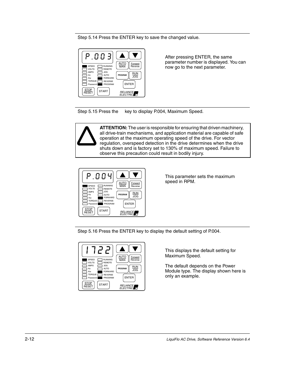 I722, P.003, P.004 | Rockwell Automation Liqui-Flo AC GP Vector Drive Version 6.4 User Manual | Page 46 / 226