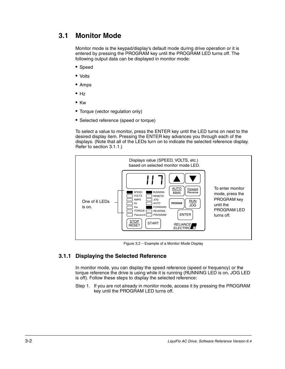 1 monitor mode, 1 displaying the selected reference | Rockwell Automation Liqui-Flo AC GP Vector Drive Version 6.4 User Manual | Page 74 / 226