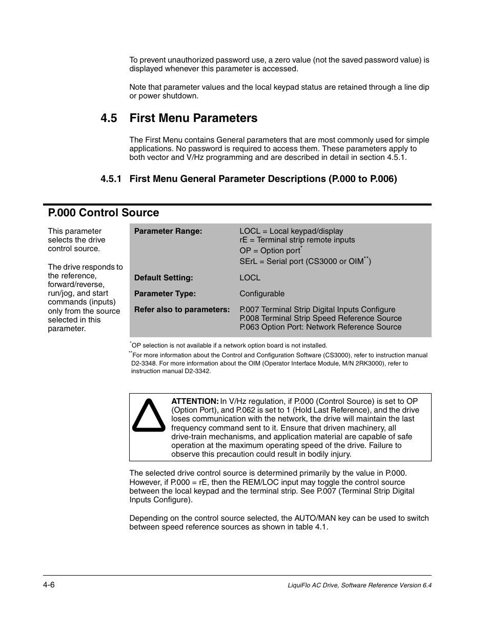 5 first menu parameters, P.000 control source | Rockwell Automation Liqui-Flo AC GP Vector Drive Version 6.4 User Manual | Page 88 / 226