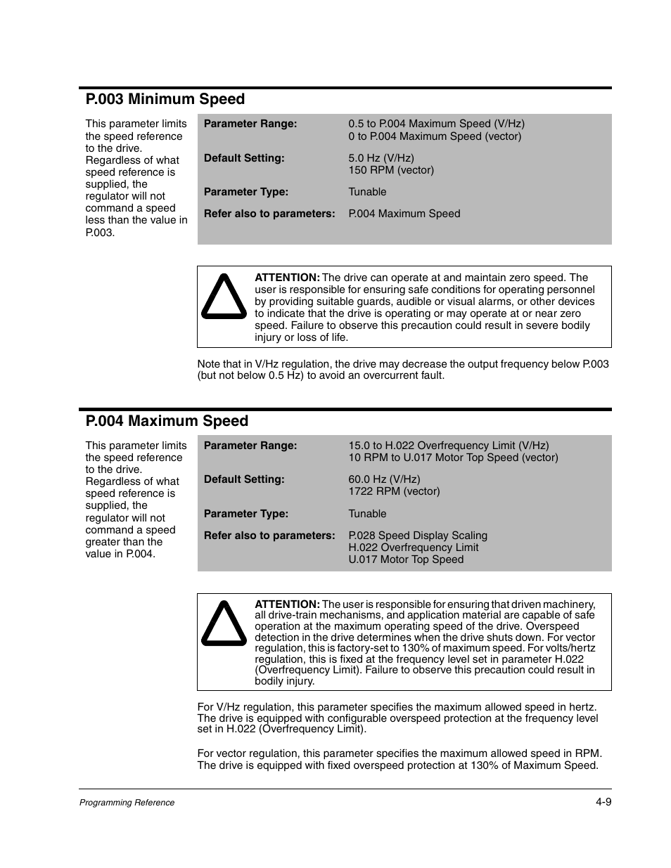 P.003 minimum speed, P.004 maximum speed | Rockwell Automation Liqui-Flo AC GP Vector Drive Version 6.4 User Manual | Page 91 / 226