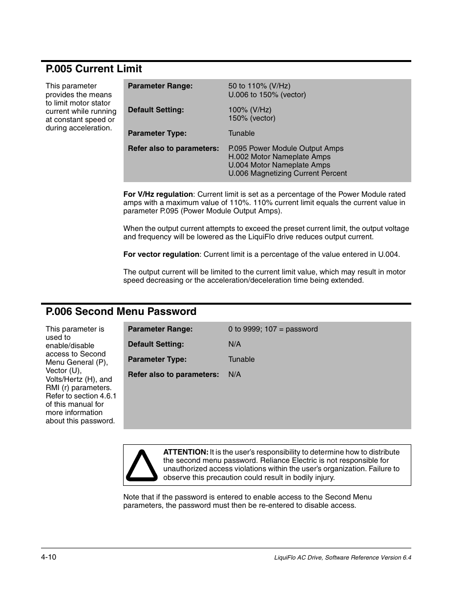 P.005 current limit, P.006 second menu password | Rockwell Automation Liqui-Flo AC GP Vector Drive Version 6.4 User Manual | Page 92 / 226