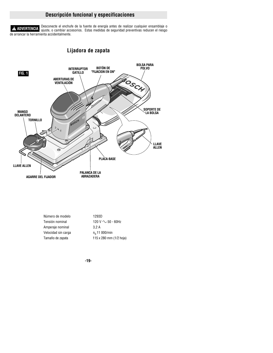 Descripción funcional y especificaciones, Lijadora de zapata | Bosch 1293d User Manual | Page 19 / 24