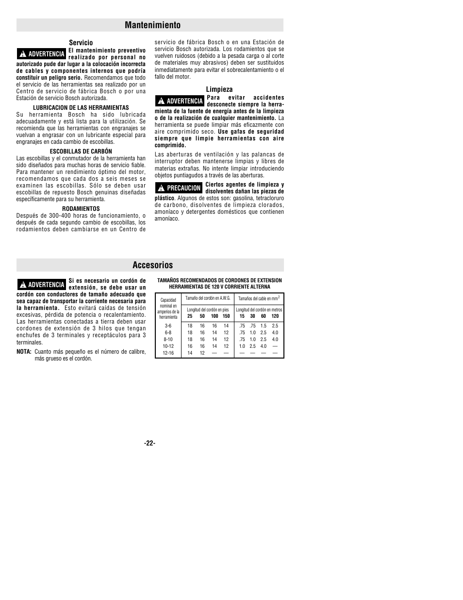 Mantenimiento accesorios | Bosch 1293d User Manual | Page 22 / 24