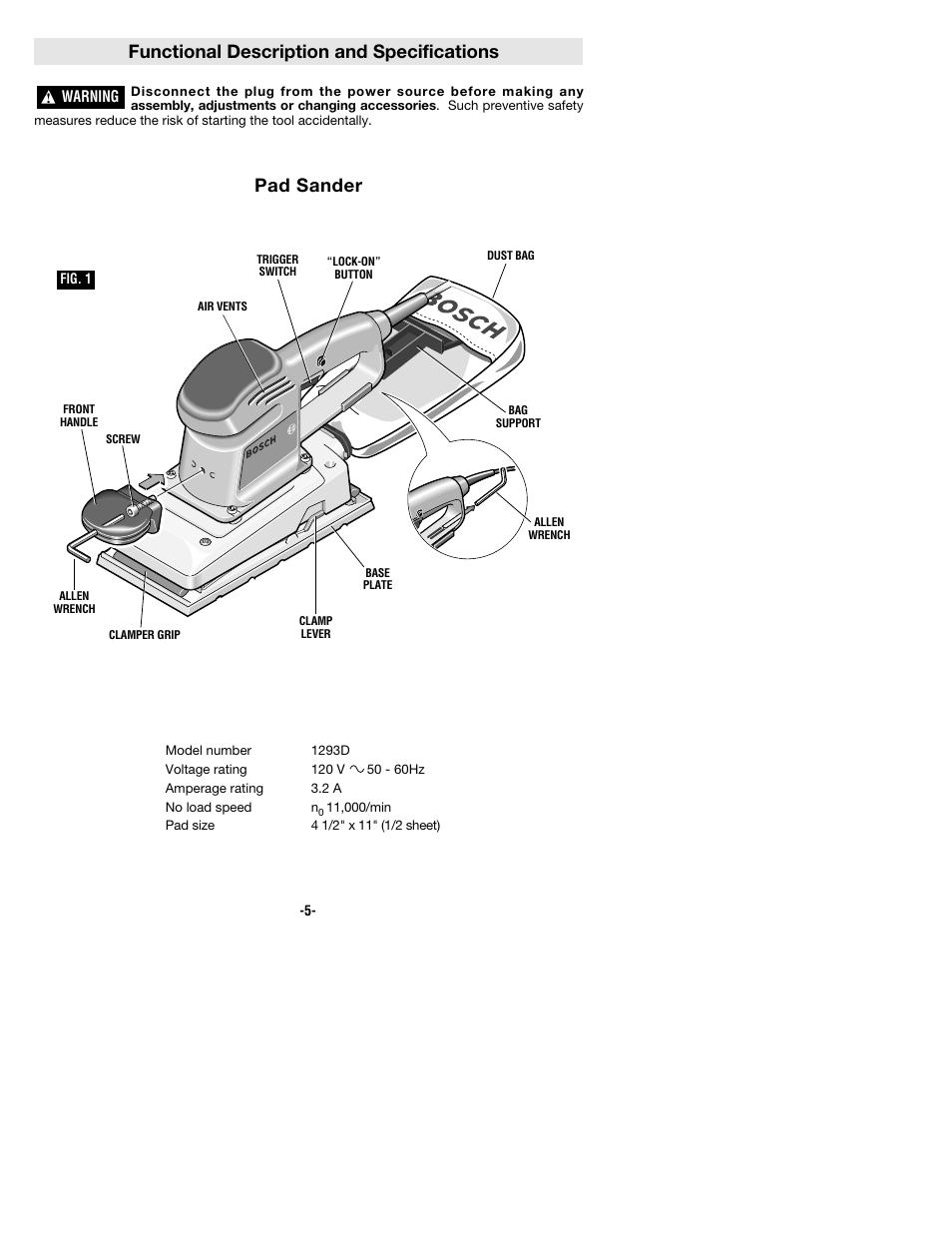 Functional description and specifications, Pad sander | Bosch 1293d User Manual | Page 5 / 24