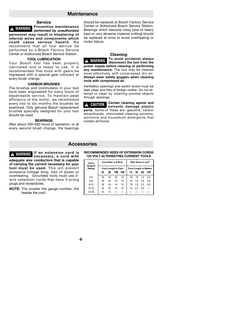 Maintenance accessories, Service, Cleaning | Warning, Caution | Bosch 1293d User Manual | Page 8 / 24