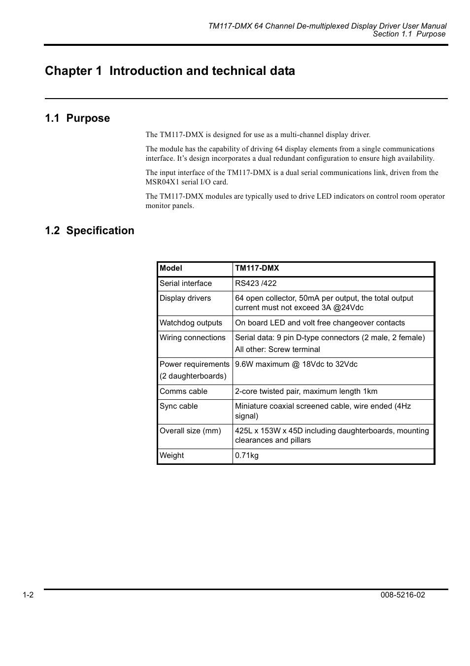Chapter 1 introduction and technical data, 1 purpose, 2 specification | Rockwell Automation TM117-DMX Channel De-multiplexed Display Driver User Manual | Page 5 / 8