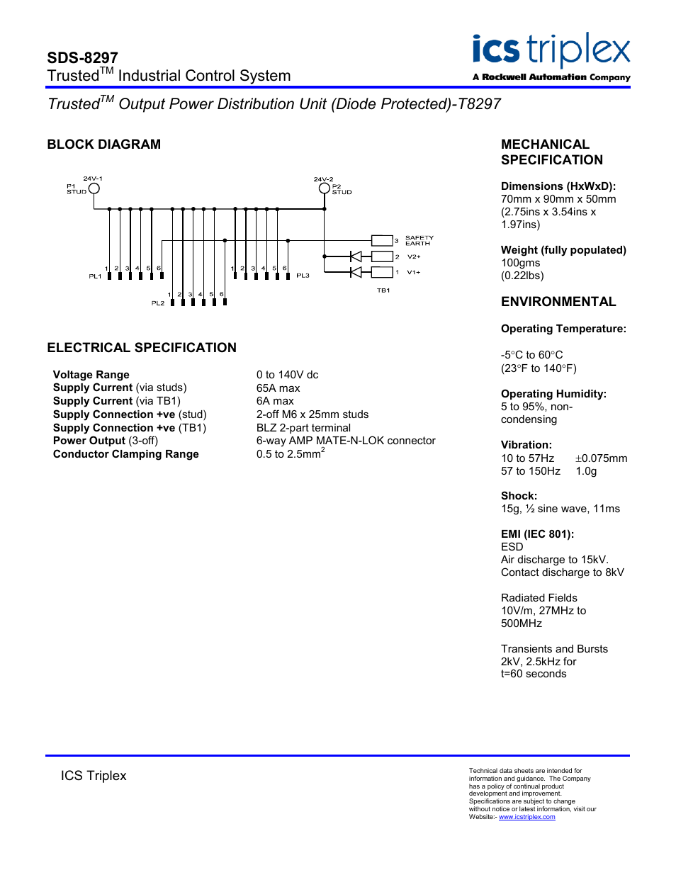 Block diagram, Electrical specification, Sds-8297 trusted | Industrial control system trusted | Rockwell Automation T8297 Trusted Output Power Distribution Unit (Diode Protected) User Manual | Page 2 / 2