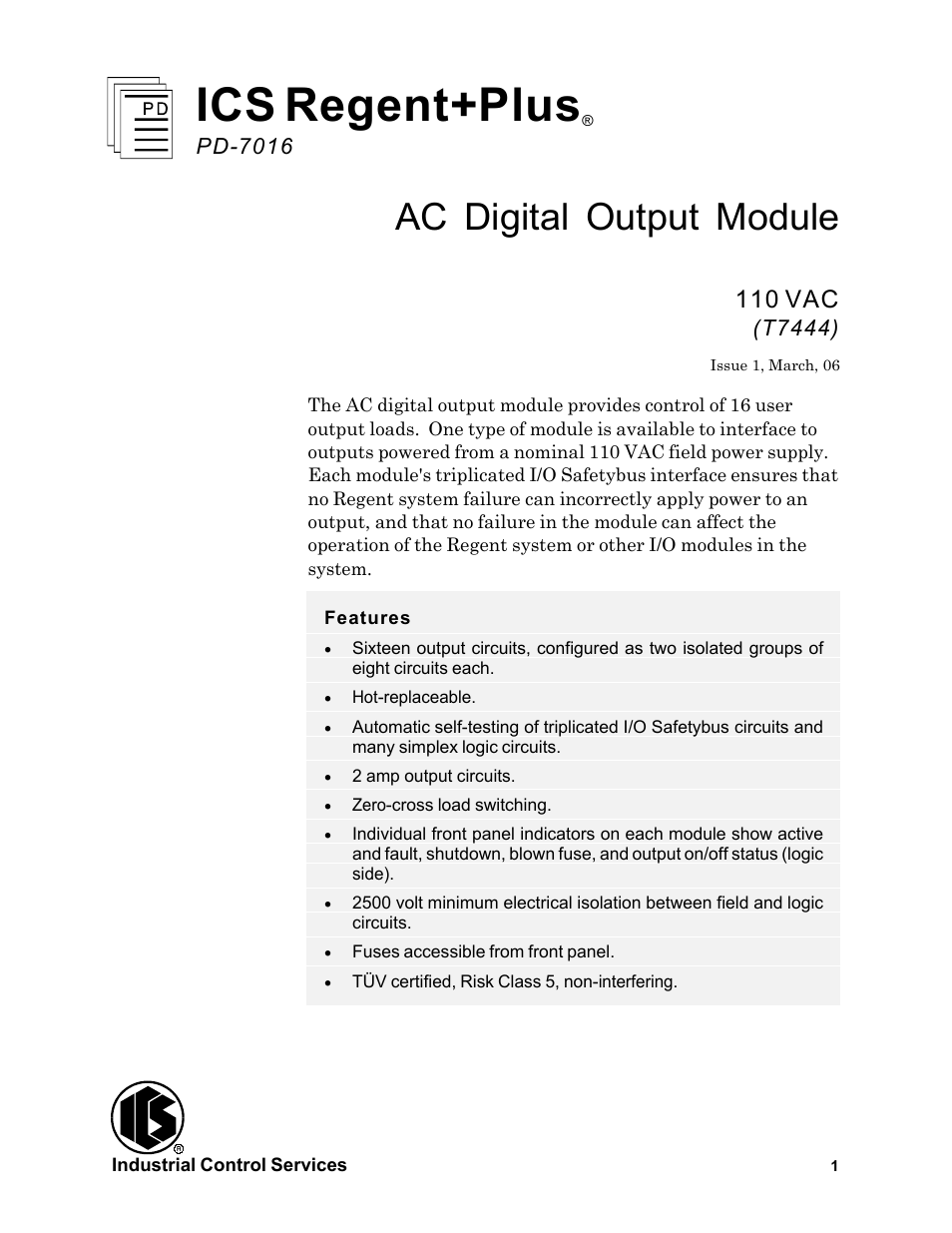 Rockwell Automation T7444 ICS Regent+Plus AC Digital Output Module 110VAC User Manual | 13 pages