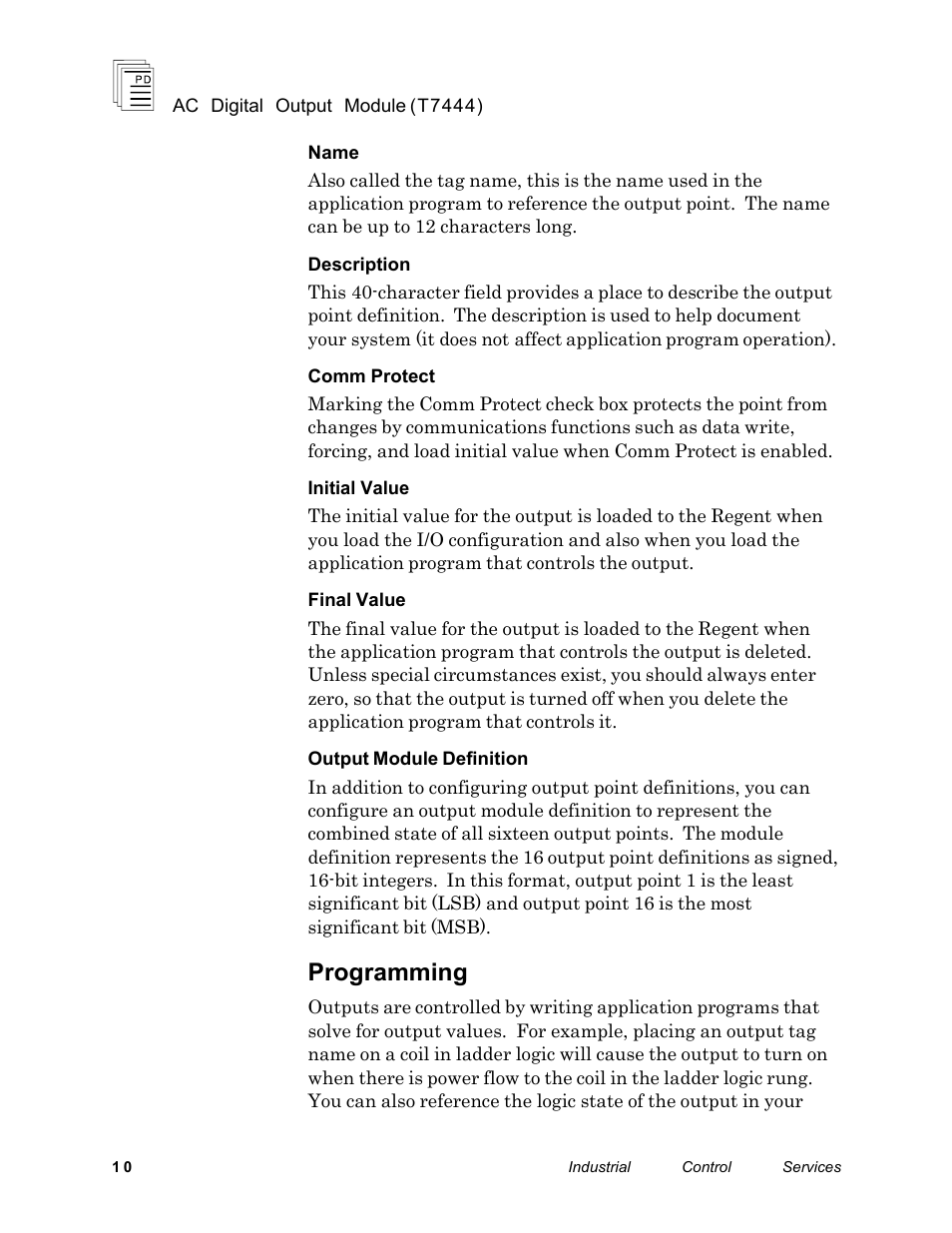 Programming | Rockwell Automation T7444 ICS Regent+Plus AC Digital Output Module 110VAC User Manual | Page 10 / 13