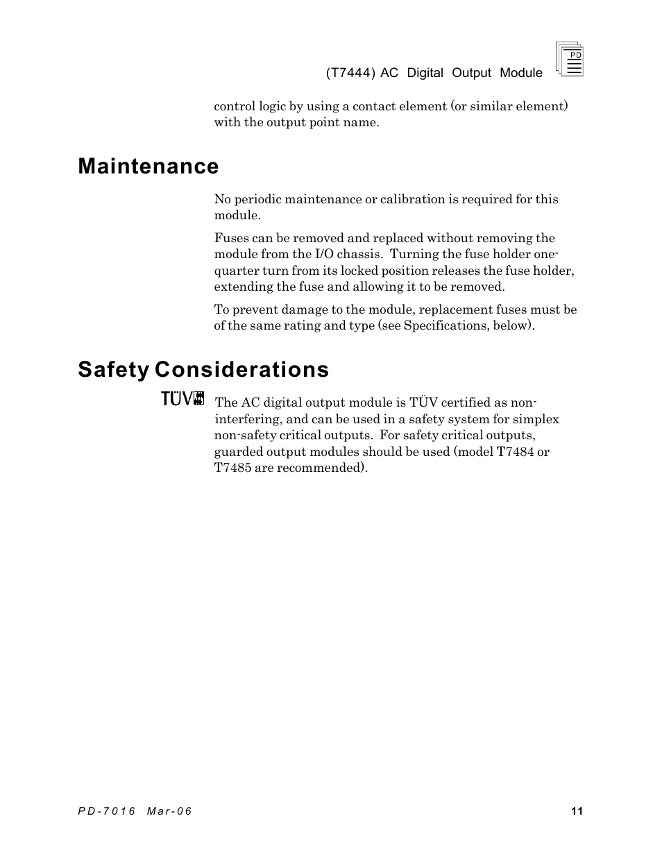 Maintenance, Safety considerations | Rockwell Automation T7444 ICS Regent+Plus AC Digital Output Module 110VAC User Manual | Page 11 / 13