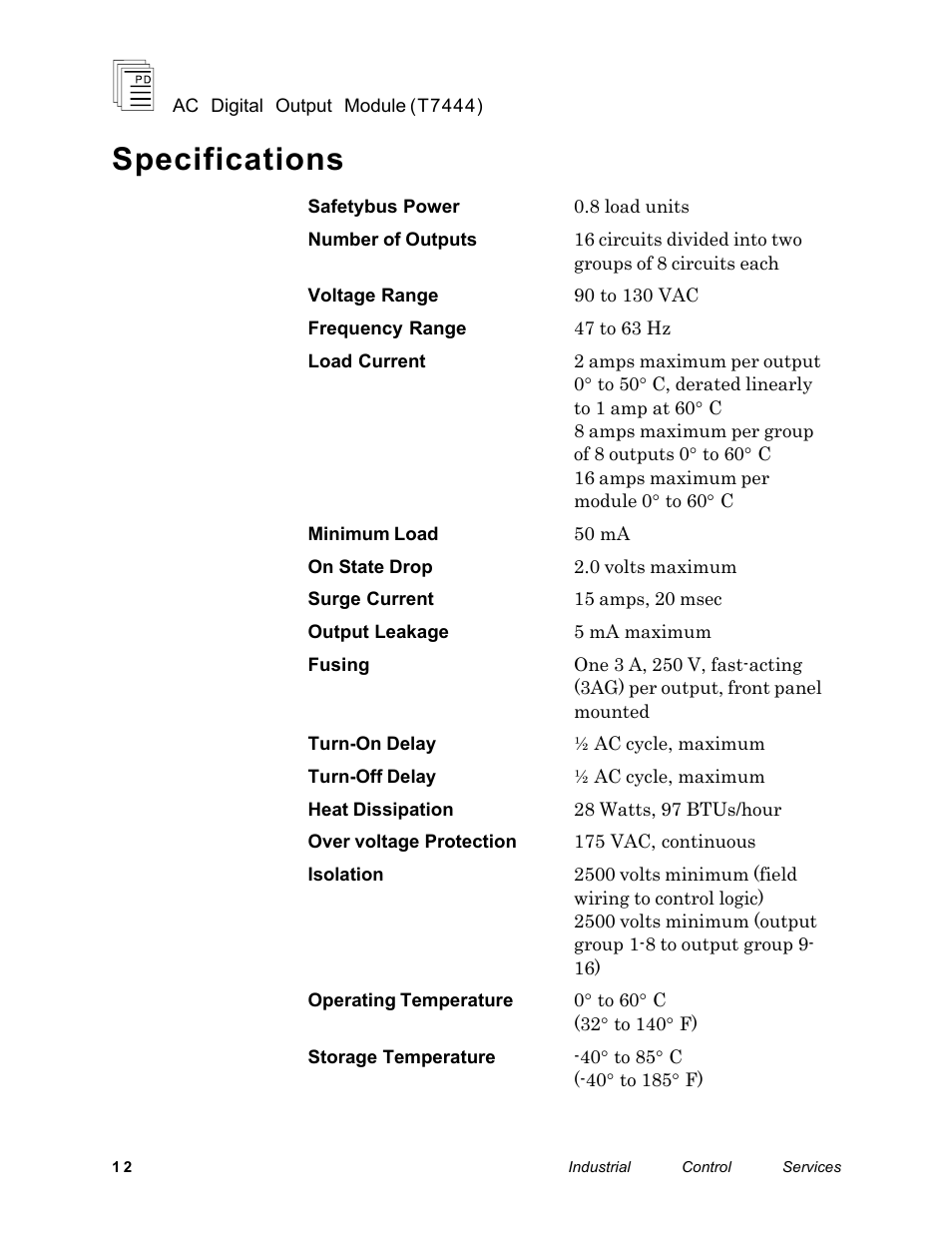 Specifications | Rockwell Automation T7444 ICS Regent+Plus AC Digital Output Module 110VAC User Manual | Page 12 / 13