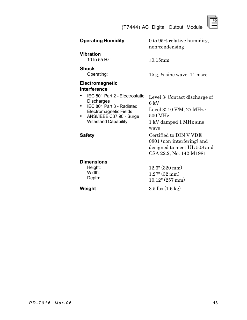Rockwell Automation T7444 ICS Regent+Plus AC Digital Output Module 110VAC User Manual | Page 13 / 13