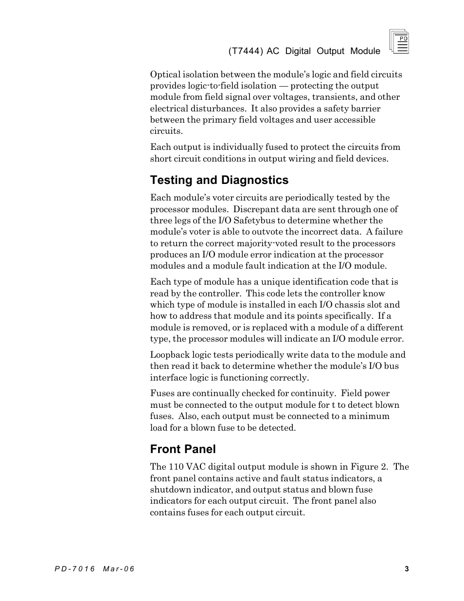 Testing and diagnostics, Front panel | Rockwell Automation T7444 ICS Regent+Plus AC Digital Output Module 110VAC User Manual | Page 3 / 13