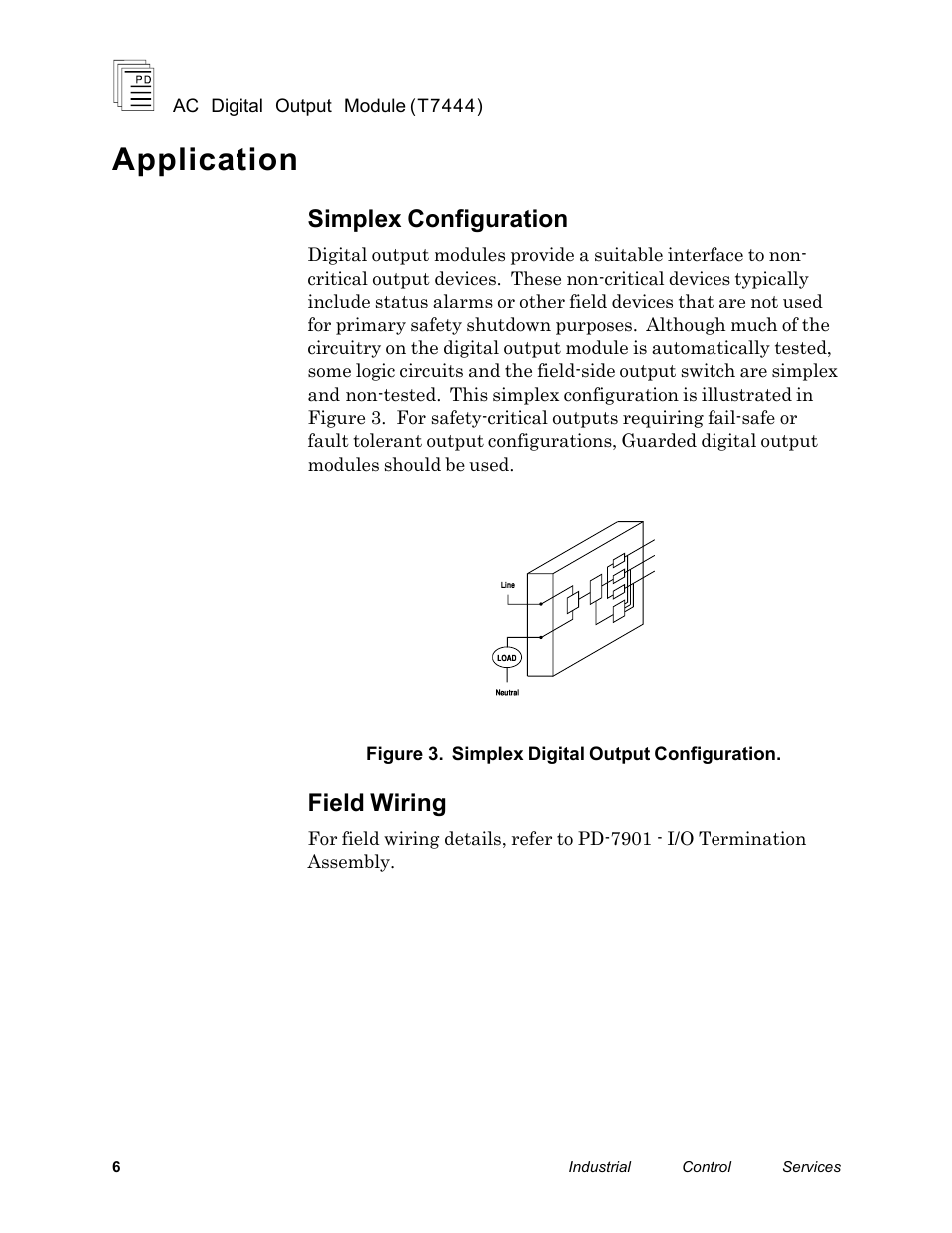 Application, Simplex configuration, Field wiring | Rockwell Automation T7444 ICS Regent+Plus AC Digital Output Module 110VAC User Manual | Page 6 / 13