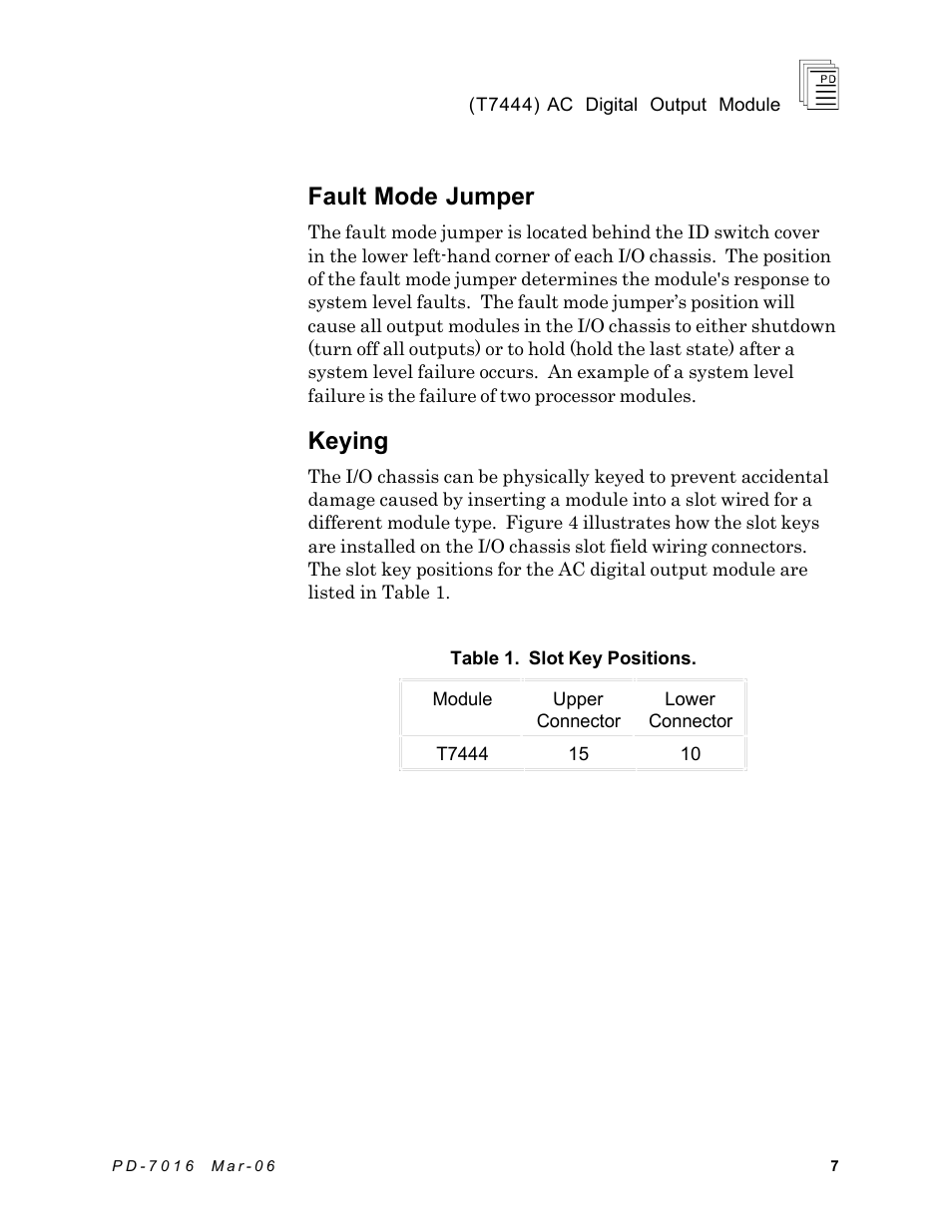 Fault mode jumper, Keying | Rockwell Automation T7444 ICS Regent+Plus AC Digital Output Module 110VAC User Manual | Page 7 / 13