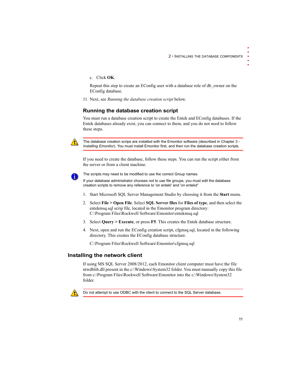 Running the database creation script, Installing the network client | Rockwell Automation Emonitor with an MS SQL Networked Database User Manual | Page 15 / 44