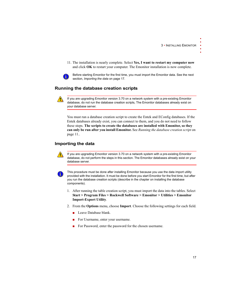 Running the database creation scripts, Importing the data | Rockwell Automation Emonitor with an MS SQL Networked Database User Manual | Page 21 / 44