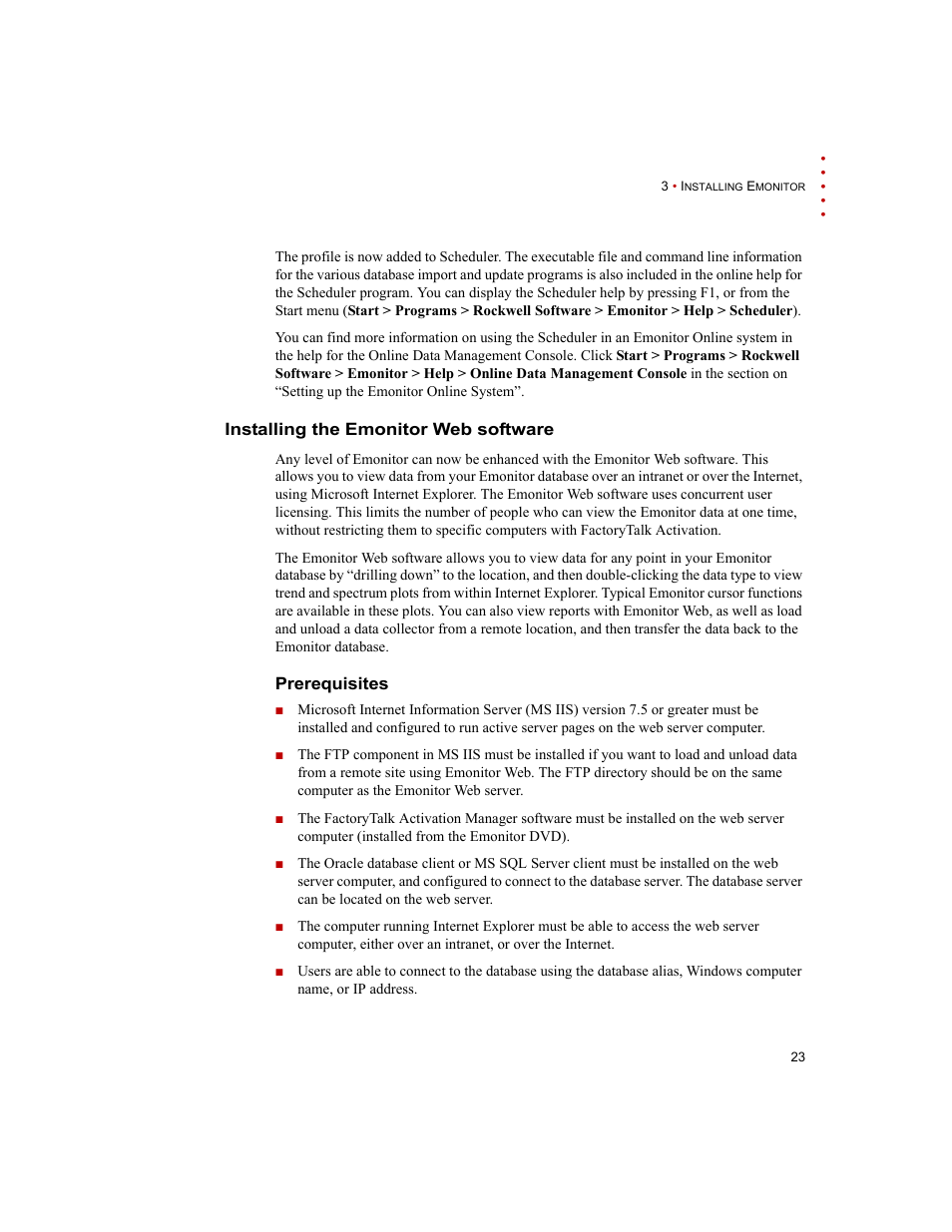 Installing the emonitor web software, Prerequisites | Rockwell Automation Emonitor with an MS SQL Networked Database User Manual | Page 27 / 44