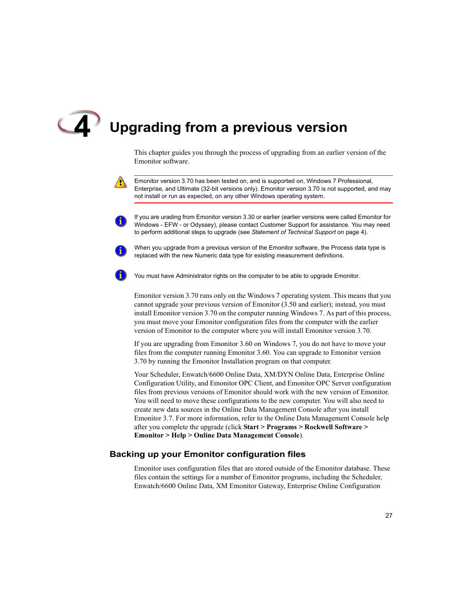 Upgrading from a previous version, Backing up your emonitor configuration files | Rockwell Automation Emonitor with an MS SQL Networked Database User Manual | Page 31 / 44