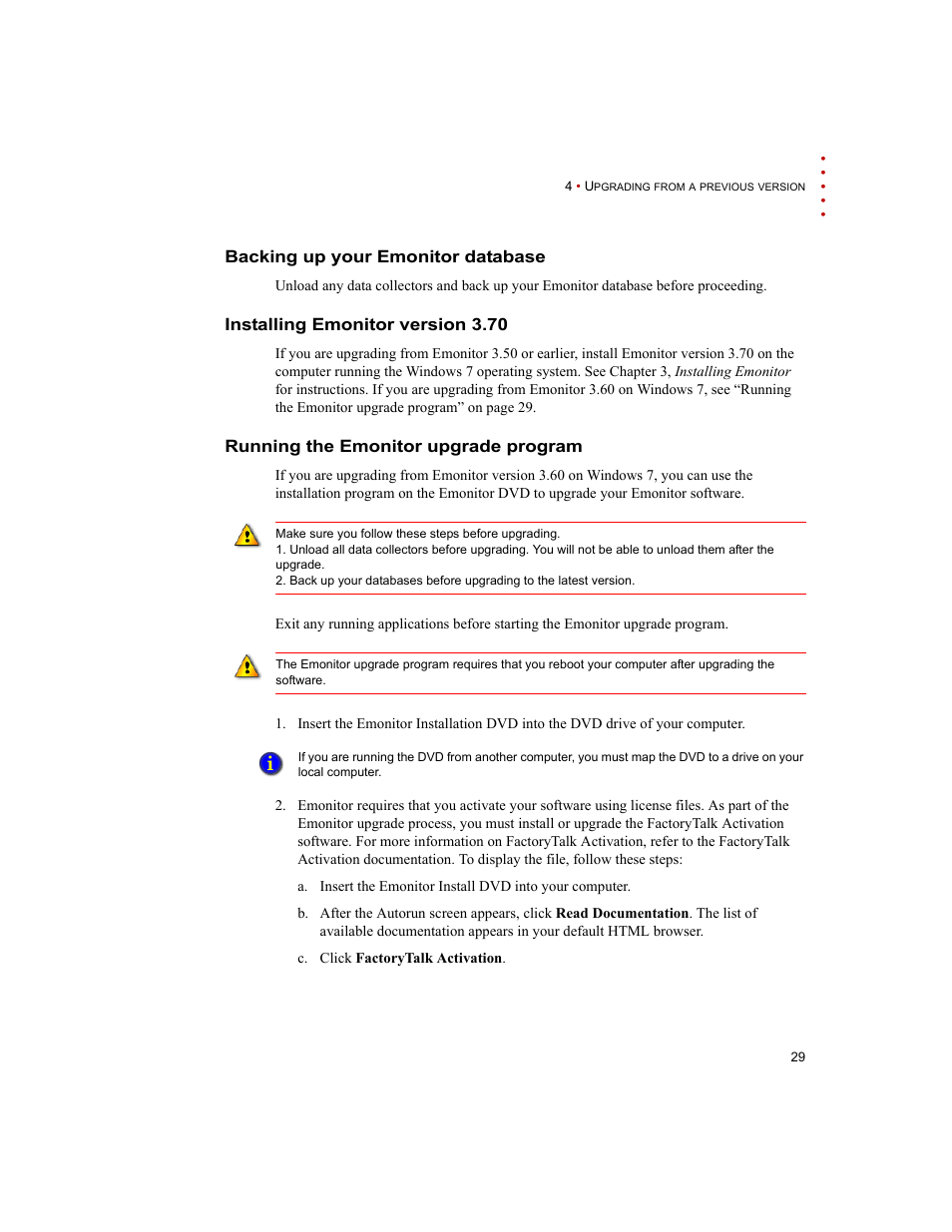 Backing up your emonitor database, Installing emonitor version 3.70, Running the emonitor upgrade program | Rockwell Automation Emonitor with an MS SQL Networked Database User Manual | Page 33 / 44