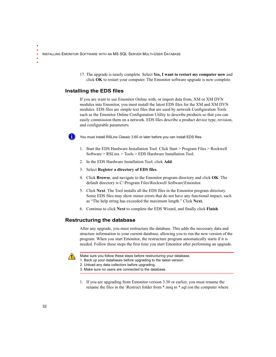 Installing the eds files, Restructuring the database | Rockwell Automation Emonitor with an MS SQL Networked Database User Manual | Page 36 / 44