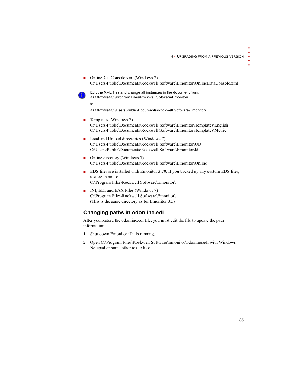 Changing paths in odonline.edi | Rockwell Automation Emonitor with an MS SQL Networked Database User Manual | Page 39 / 44