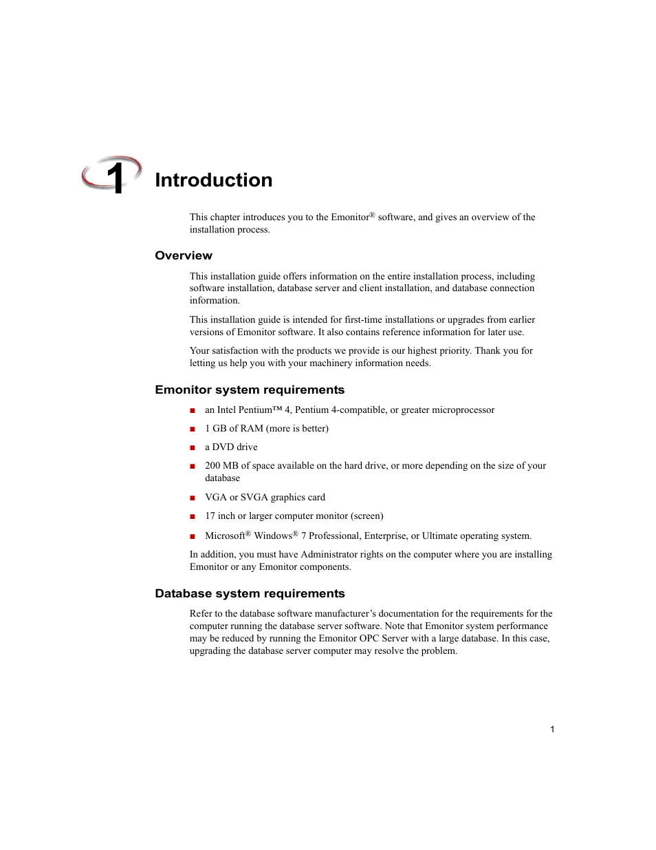 Introduction, Overview, Emonitor system requirements | Database system requirements | Rockwell Automation Emonitor with an MS SQL Networked Database User Manual | Page 5 / 44