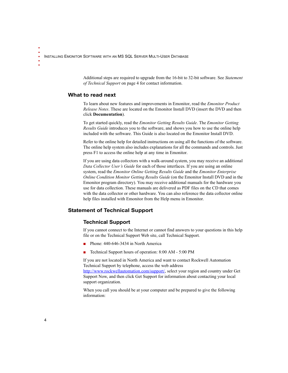 What to read next, Statement of technical support, Technical support | What to read next statement of technical support, Statement of technical support technical support | Rockwell Automation Emonitor with an MS SQL Networked Database User Manual | Page 8 / 44