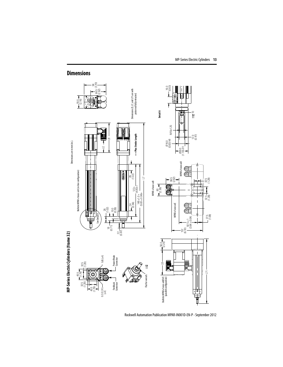 Dimensions, Mp -s eries el ec tric c ylinde rs (f rame 32) | Rockwell Automation MPAR Electric Cylinders  User Manual | Page 13 / 48