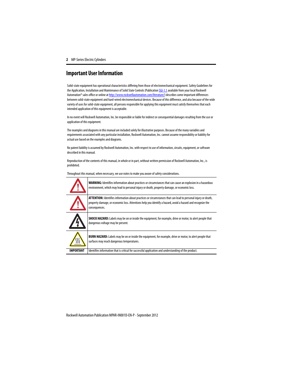 Important user information | Rockwell Automation MPAR Electric Cylinders  User Manual | Page 2 / 48