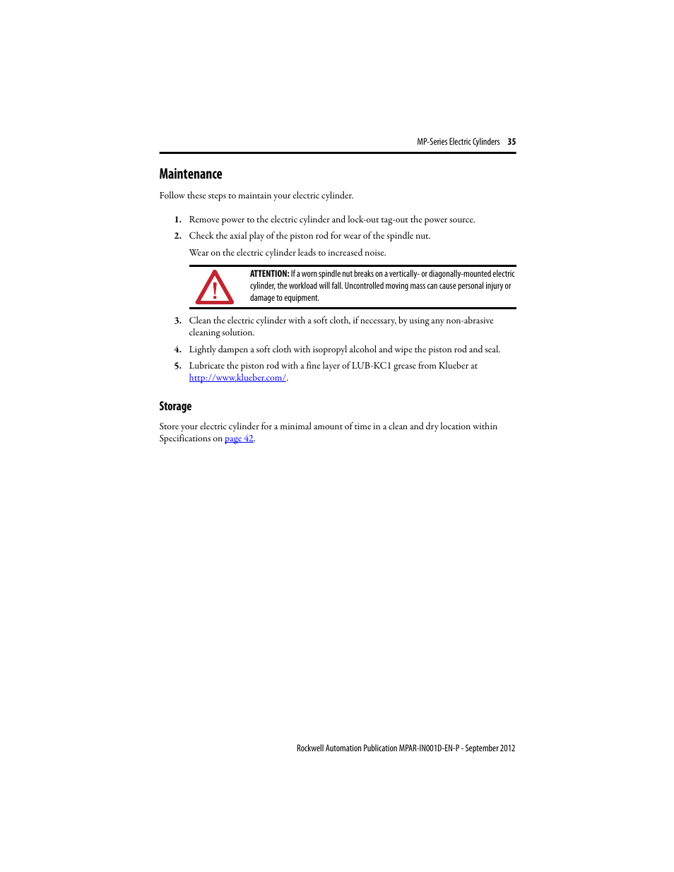 Maintenance, Storage | Rockwell Automation MPAR Electric Cylinders  User Manual | Page 35 / 48