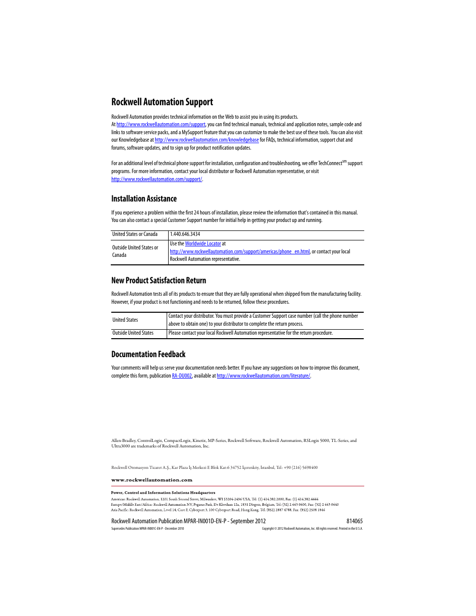 Rockwell automation support, Installation assistance, New product satisfaction return | Documentation feedback | Rockwell Automation MPAR Electric Cylinders  User Manual | Page 48 / 48