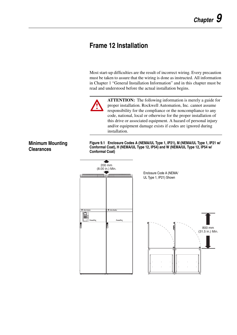 Chapter 9, Frame 12 installation, Minimum mounting clearances | Minimum mounting clearances -1 | Rockwell Automation 20D PowerFlex 700H and 700S Frame 9-14 Drives Installation - A4 Size User Manual | Page 115 / 242