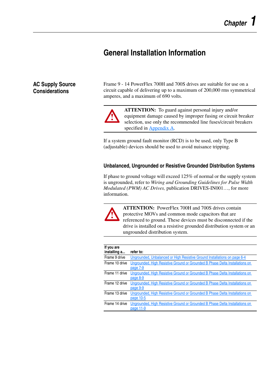 Chapter 1, General installation information, Ac supply source considerations | Ac supply source considerations -1 | Rockwell Automation 20D PowerFlex 700H and 700S Frame 9-14 Drives Installation - A4 Size User Manual | Page 15 / 242