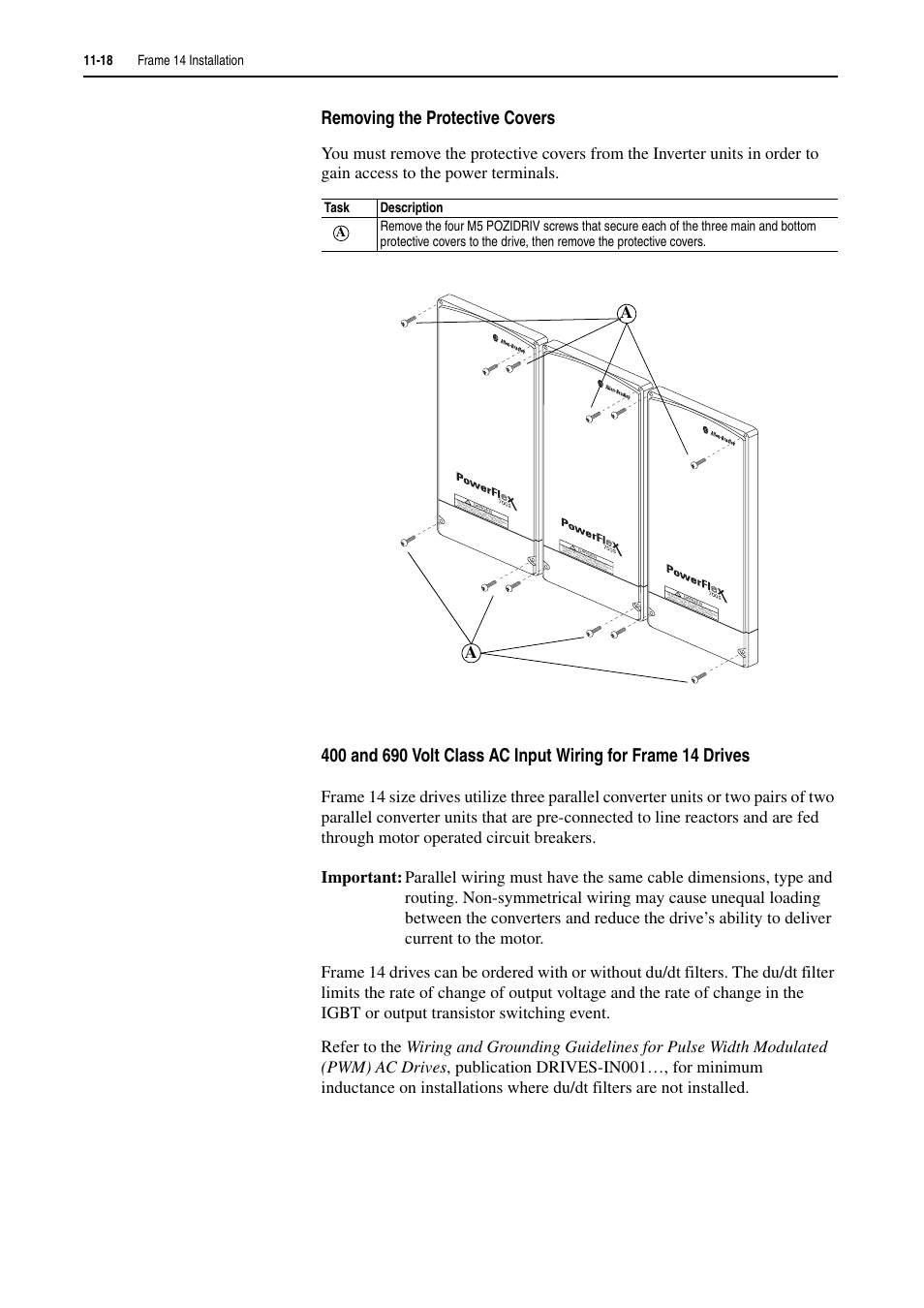 Removing the protective covers, 18 frame 14 installation | Rockwell Automation 20D PowerFlex 700H and 700S Frame 9-14 Drives Installation - A4 Size User Manual | Page 164 / 242