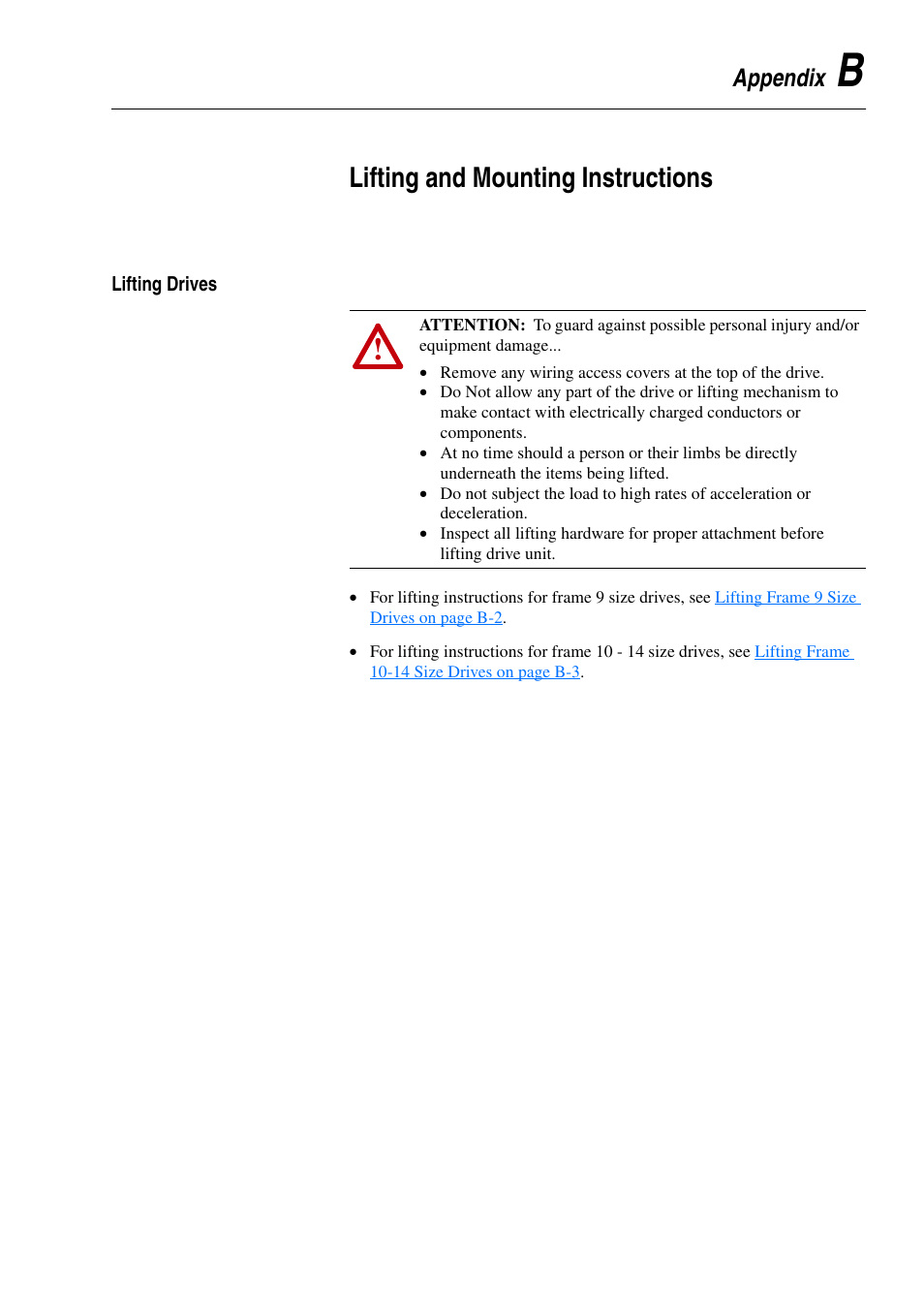 Appendix b, Lifting and mounting instructions, Lifting drives | Rockwell Automation 20D PowerFlex 700H and 700S Frame 9-14 Drives Installation - A4 Size User Manual | Page 197 / 242