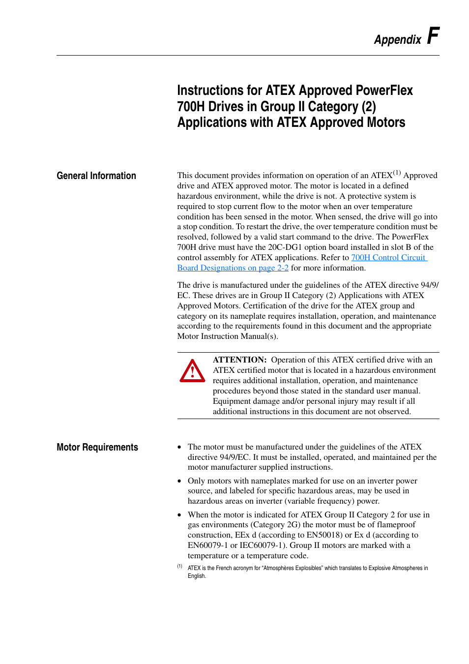 Appendix f, General information, Motor requirements | Applications with atex approved motors | Rockwell Automation 20D PowerFlex 700H and 700S Frame 9-14 Drives Installation - A4 Size User Manual | Page 229 / 242