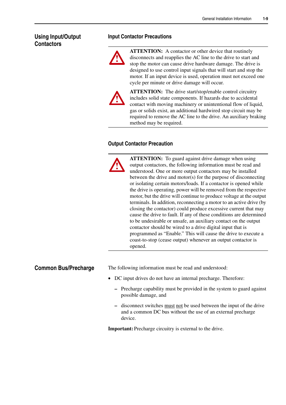 Using input/output contactors, Common bus/precharge | Rockwell Automation 20D PowerFlex 700H and 700S Frame 9-14 Drives Installation - A4 Size User Manual | Page 23 / 242