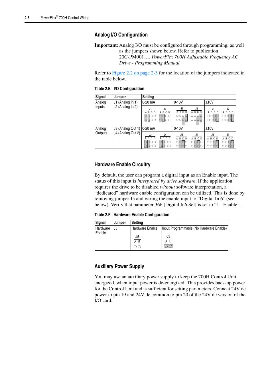 Jumpers (see, Analog i/o configuration, Hardware enable circuitry | Auxiliary power supply | Rockwell Automation 20D PowerFlex 700H and 700S Frame 9-14 Drives Installation - A4 Size User Manual | Page 32 / 242