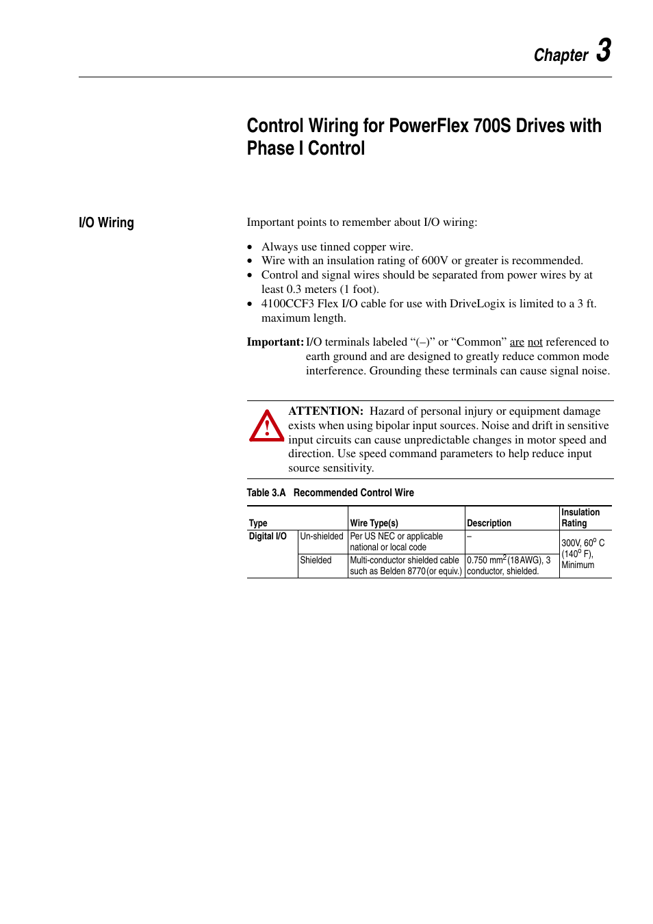 Chapter 3, I/o wiring, I/o wiring -1 | Rockwell Automation 20D PowerFlex 700H and 700S Frame 9-14 Drives Installation - A4 Size User Manual | Page 39 / 242