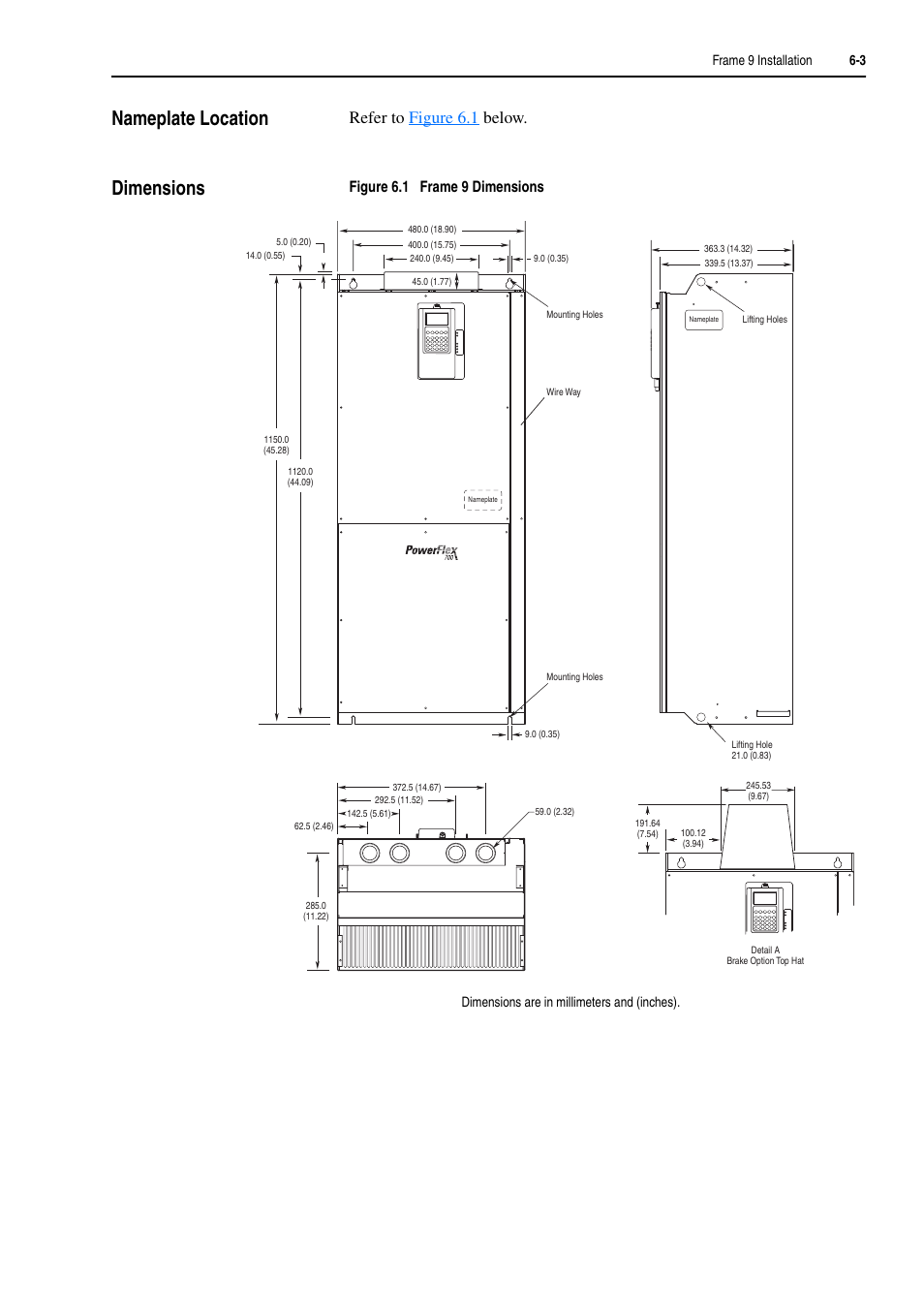 Nameplate location, Dimensions, Nameplate location -3 dimensions -3 | Rockwell Automation 20D PowerFlex 700H and 700S Frame 9-14 Drives Installation - A4 Size User Manual | Page 79 / 242