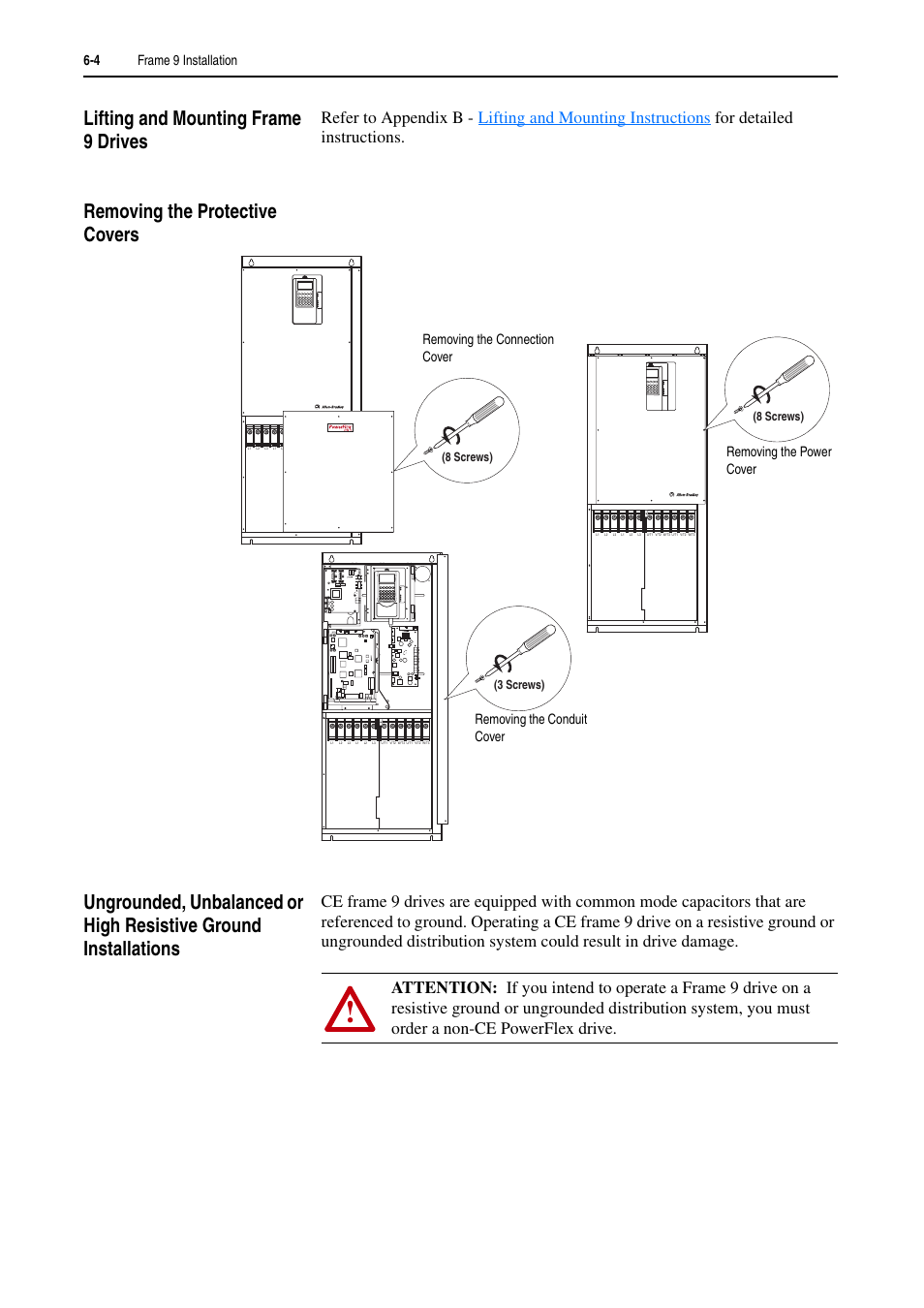 Lifting and mounting frame 9 drives, Removing the protective covers | Rockwell Automation 20D PowerFlex 700H and 700S Frame 9-14 Drives Installation - A4 Size User Manual | Page 80 / 242