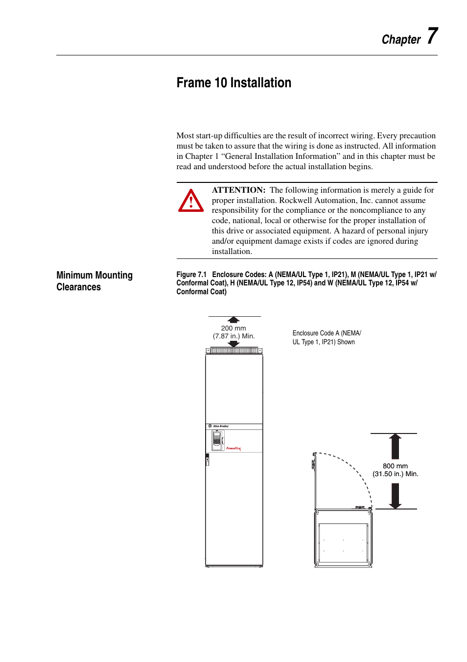 Chapter 7, Frame 10 installation, Minimum mounting clearances | Minimum mounting clearances -1 | Rockwell Automation 20D PowerFlex 700H and 700S Frame 9-14 Drives Installation - A4 Size User Manual | Page 85 / 242