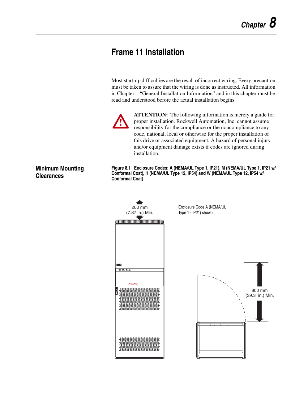 Chapter 8, Frame 11 installation, Minimum mounting clearances | Minimum mounting clearances -1 | Rockwell Automation 20D PowerFlex 700H and 700S Frame 9-14 Drives Installation - A4 Size User Manual | Page 99 / 242