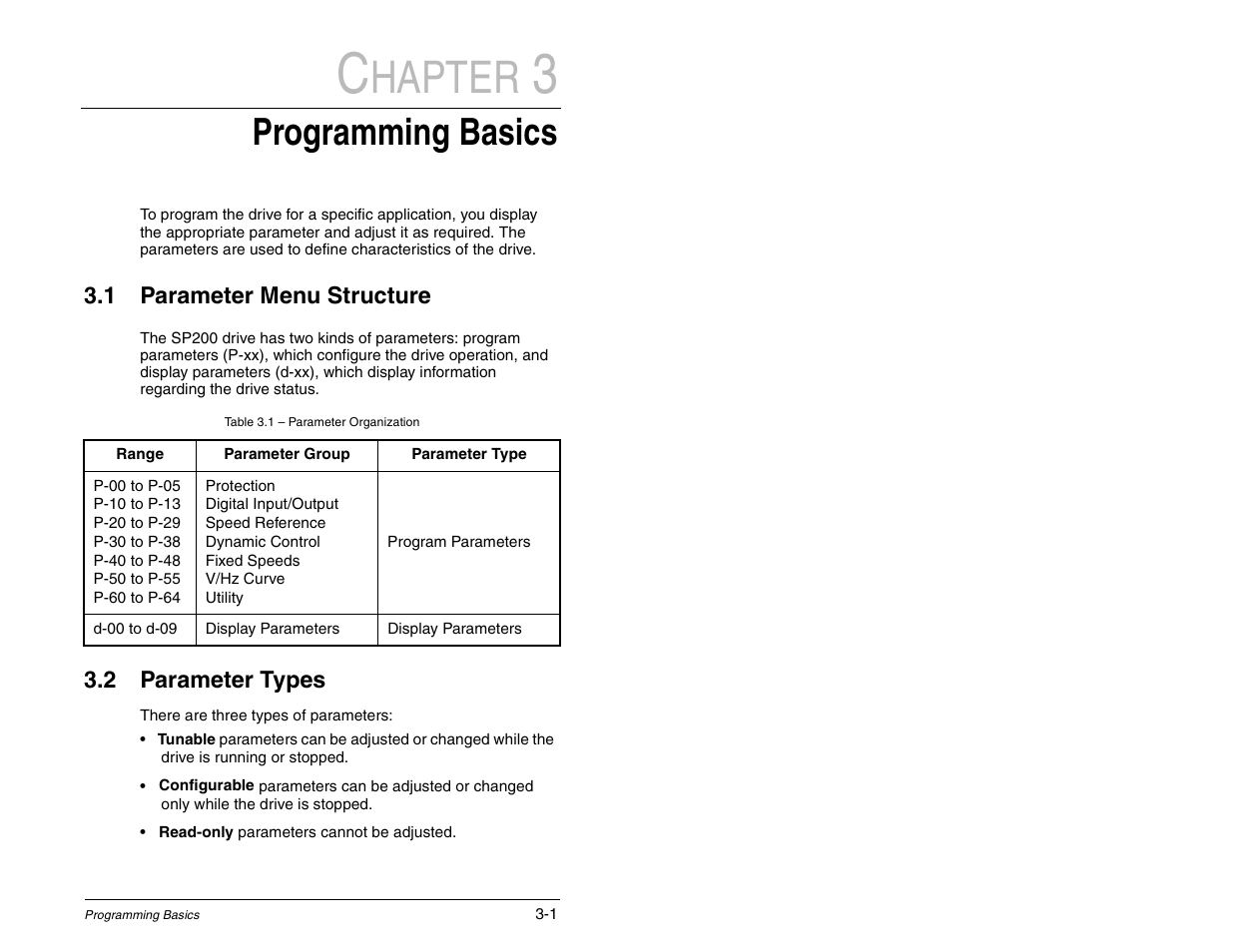Programming basics, Parameter menu structure, Parameter types | Hapter | Rockwell Automation SP120 AC Drive Demo Unit User Manual | Page 9 / 26