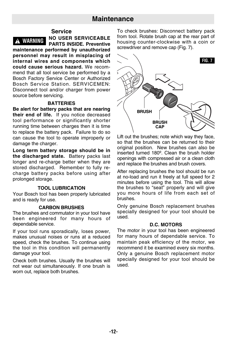 Maintenance, Service, Warning | Bosch 23612 User Manual | Page 12 / 14