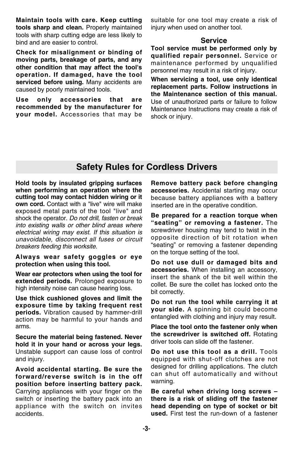 Safety rules for cordless drivers | Bosch 23612 User Manual | Page 3 / 14
